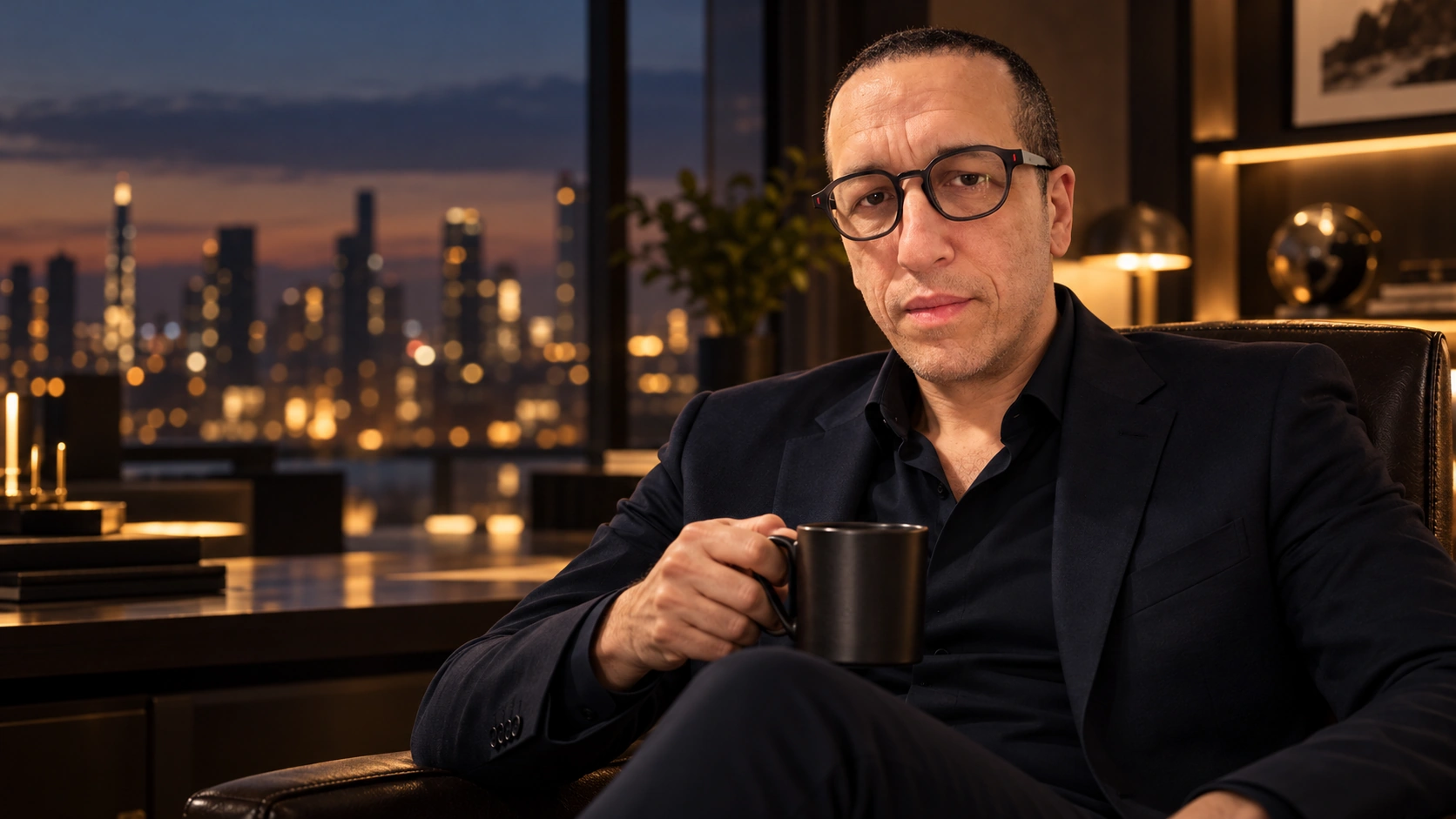 Ronald Rangel en una oficina contemporánea con una taza de café