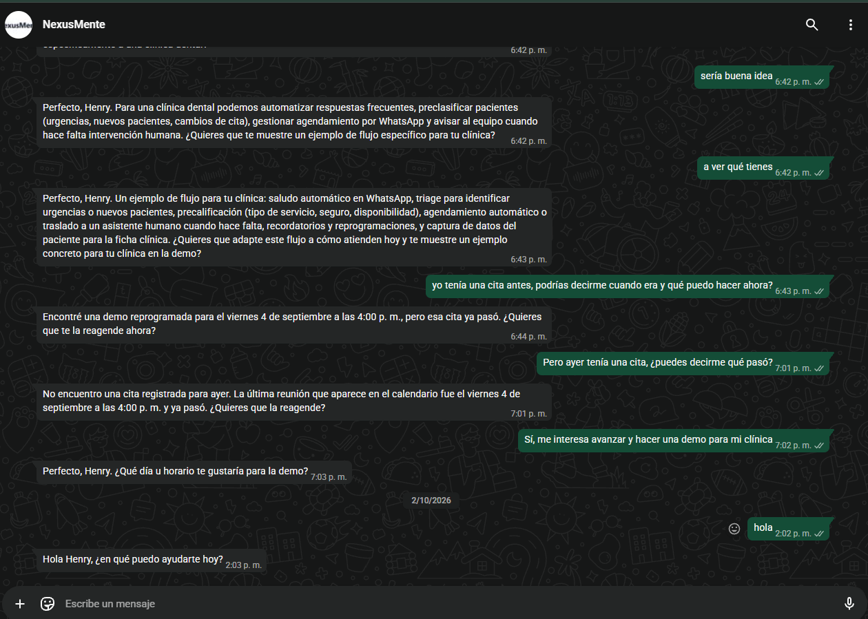 NexusMente WhatsApp AI agent conversation